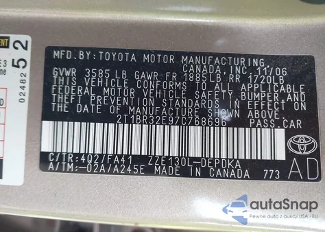 2007 Toyota Corolla Ce из США, поврежденный, VIN 2T1BR32E97C768696